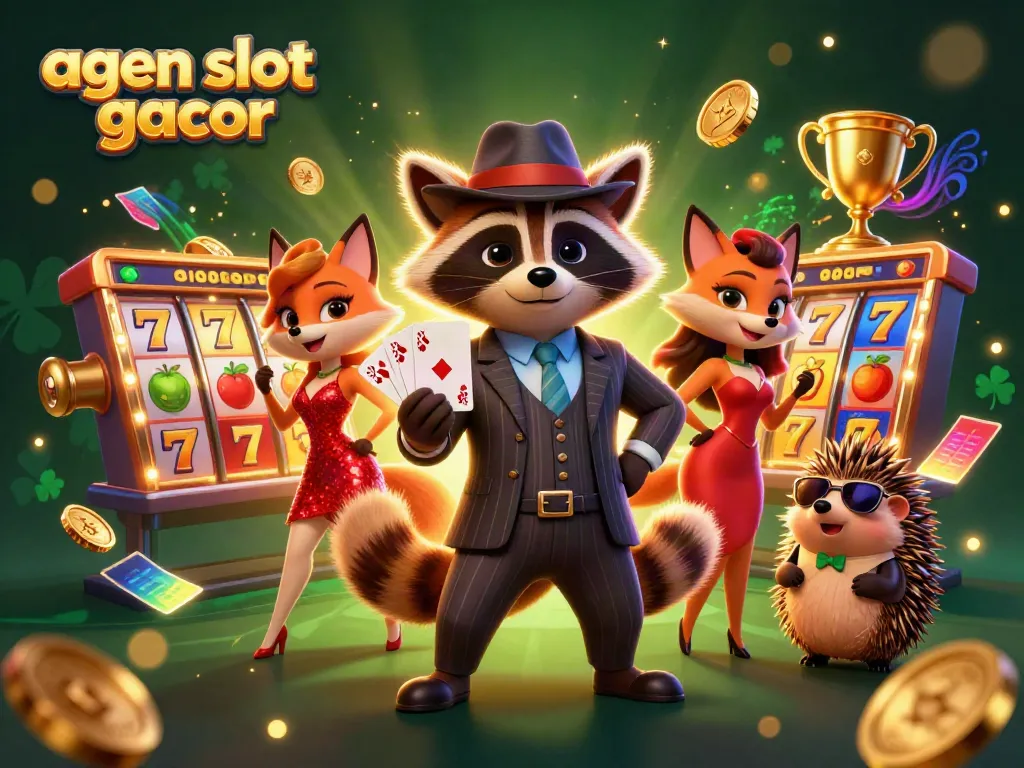 Experience the thrill with agen slot gacor in a vibrant, lively 3D casino scene featuring winning characters.