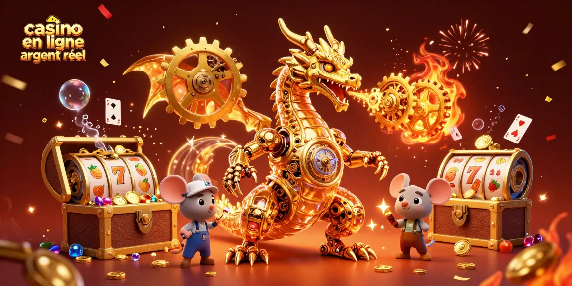 Jouez à des jeux de casino en ligne argent réel avec une illustration dynamique de dragon mécanisé.