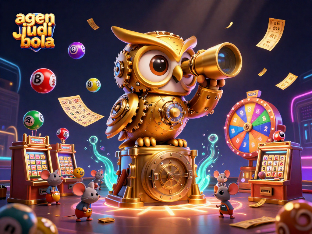 Experience thrilling agen judi bola gameplay with a dynamic scene of whimsical characters and vibrant casino elements.