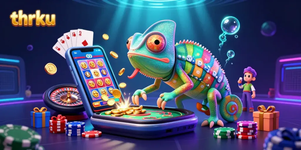 Watch thrku's chameleon casino owner snap up golden coins in this vibrant gaming scene.