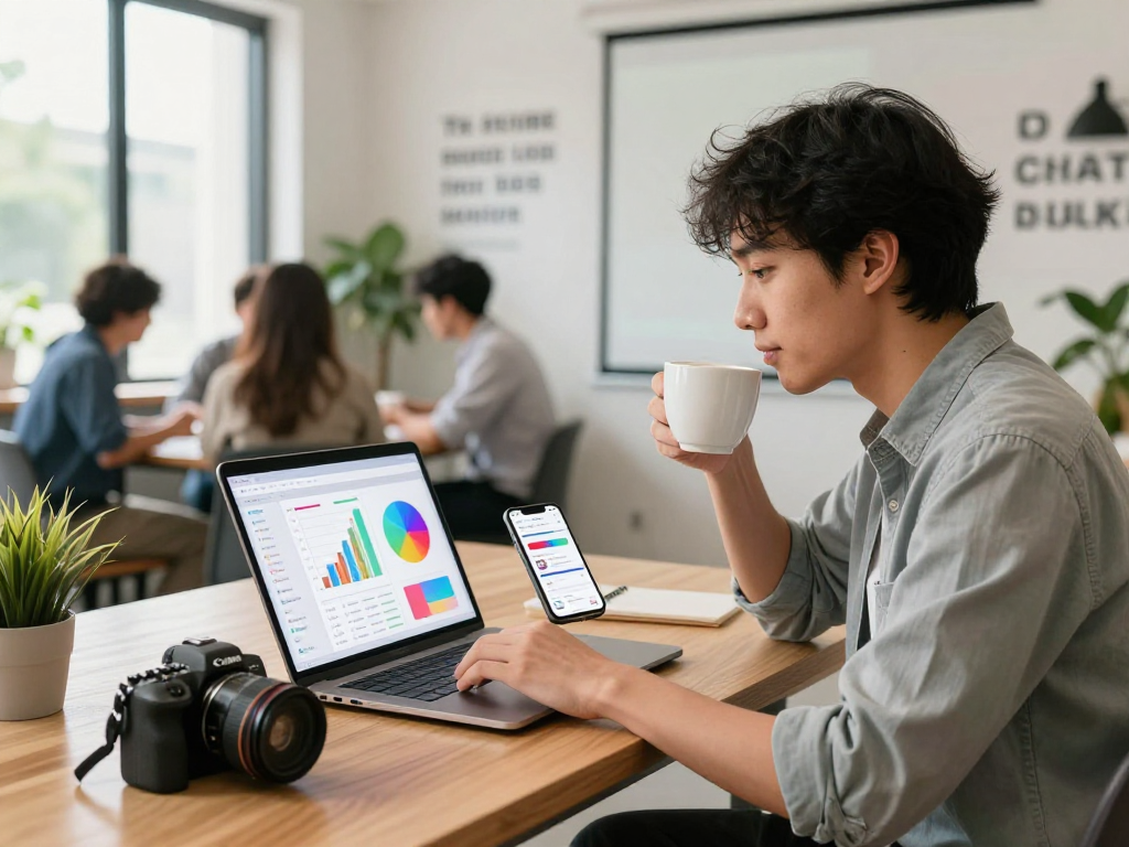 Buy iOS installs in a vibrant co-working space where a marketer analyzes app growth metrics on a laptop.