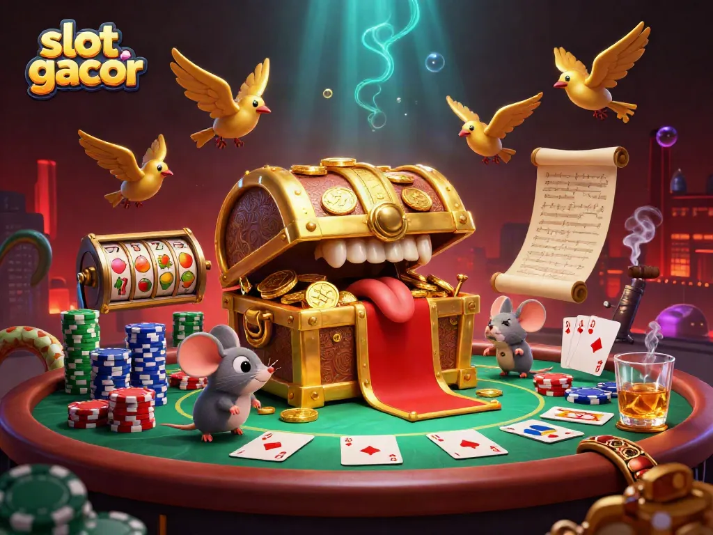 Engage with slot gacor featuring a treasure chest mimic and vibrant poker scene inviting adventurous players.