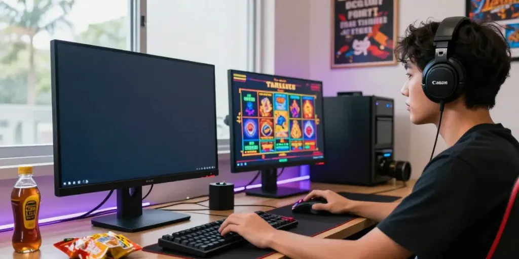 Engaged gamer playing popular slot thailand game at a modern desktop.