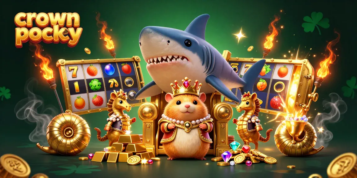 Experience crown pokies in a vibrant casino scene with a golden hamster king and treasure elements.
