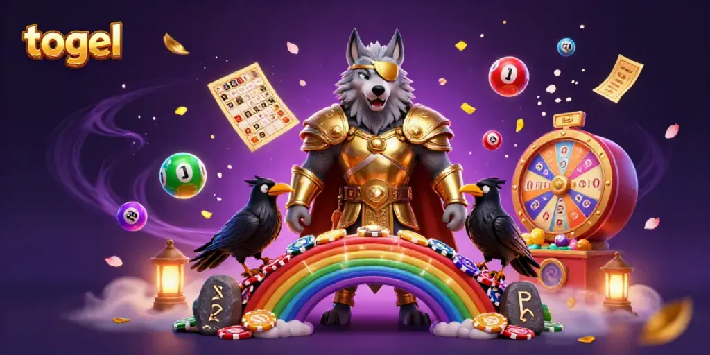 Experience vibrant togel excitement with colorful lottery balls, golden tickets, and captivating Norse characters.