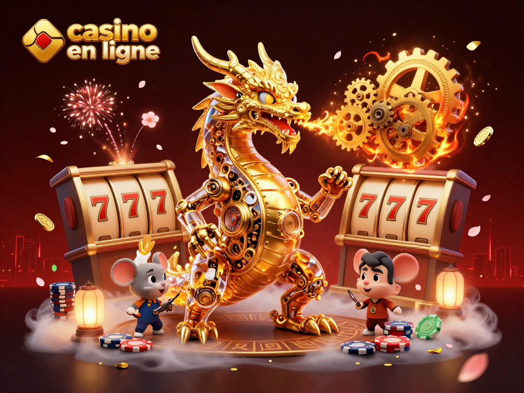 Explorez une aventure captivante au casino en ligne avec un dragon doré et des éléments de jeu colorés.