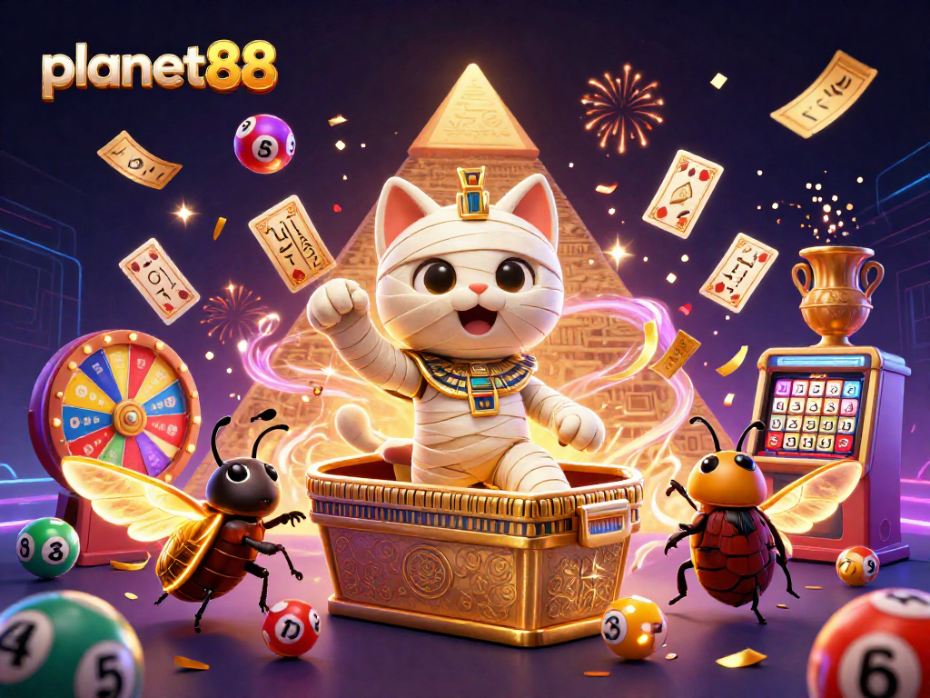 Win big at planet88 with a vibrant display of exciting casino elements and characters.