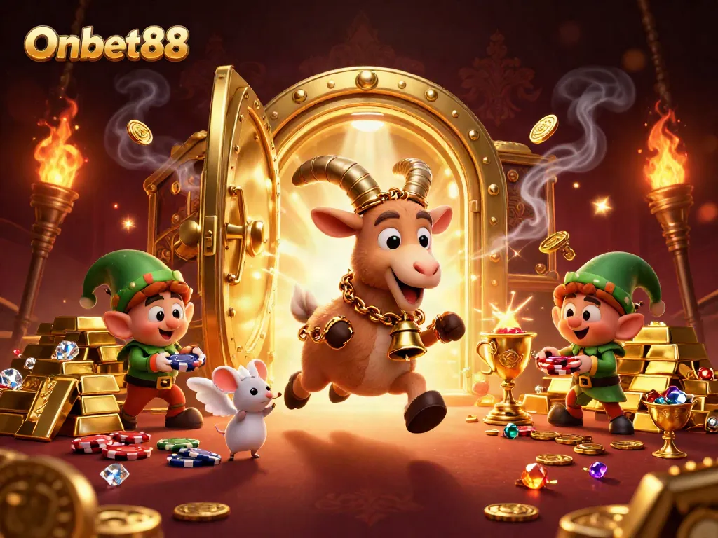 Experience thrilling play at Onbet88's vibrant casino scene with cartoon characters amidst sparkling treasures.
