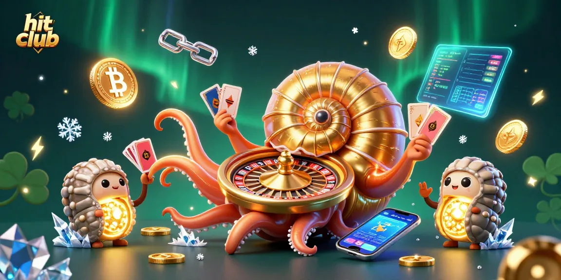 Engage with hit club's captivating games in an exciting casino environment featuring a vibrant 3D nautilus.
