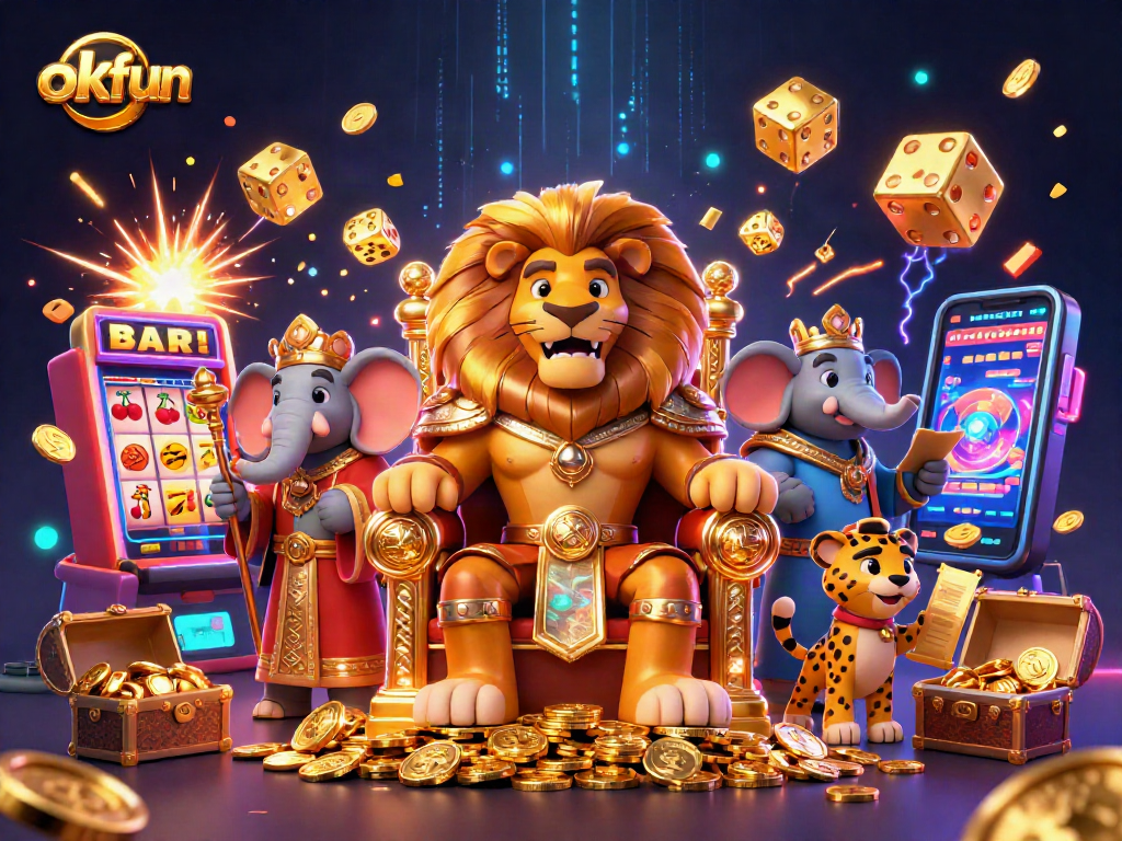 Engage with okfun's thrilling casino experience featuring a lion king on a golden throne.