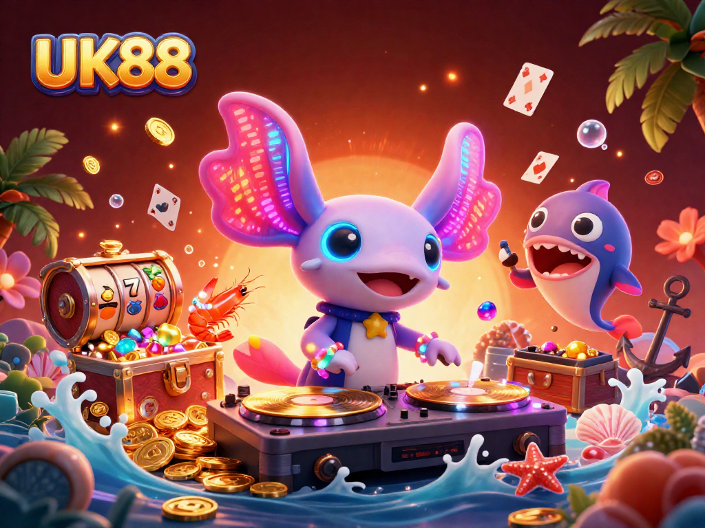 Experience UK88's vibrant casino scene with a neon axolotl DJ and lively aquatic dancers.