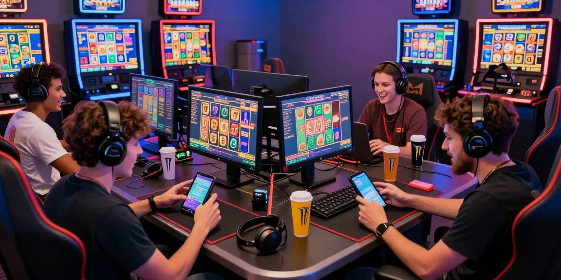 Excited players enjoying slot 777 games in a modern gaming room.