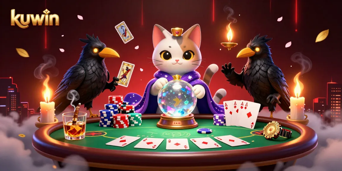 Kuwin offers vibrant gaming experiences, featuring a mystical fortune teller cat and a tarot raven in a lively casino atmosphere.