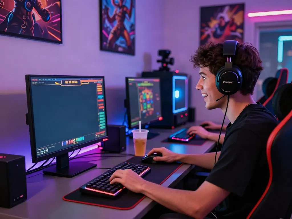 Engaged gamer playing slot gacor on a vibrant gaming setup.
