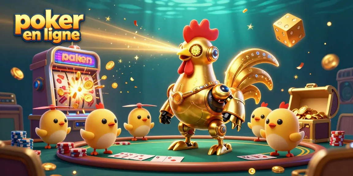 Le poker en ligne s'anime avec un robot doré et des drones, casino éclatant de jeux et d'or.