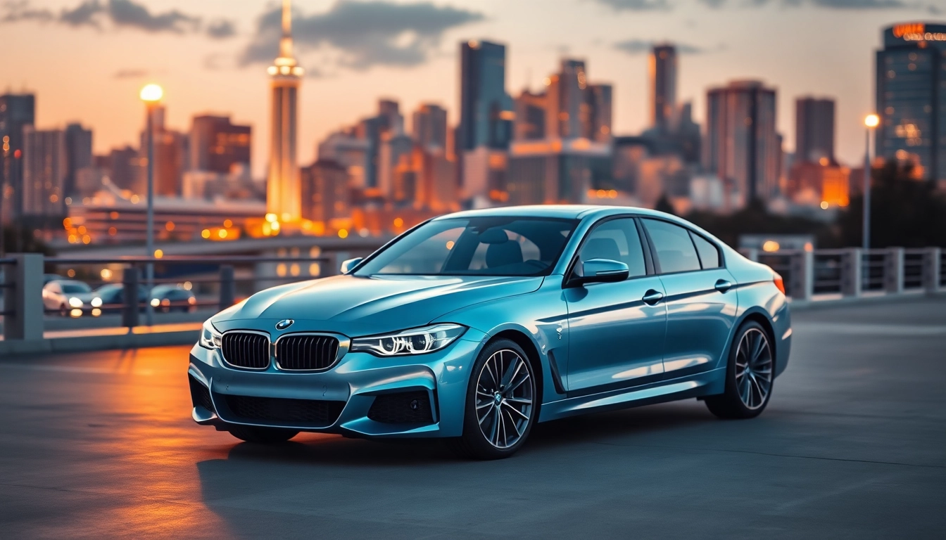 Luxury BMW car parked against a vibrant city skyline, showcasing its elegance and design.
