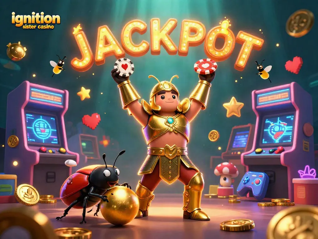 Spin to win at ignition sister casino with a victorious beetle amidst vibrant casino elements