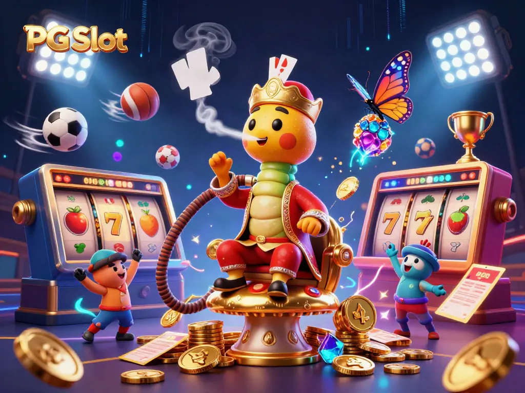PG Slot memikat dalam ilustrasi 3D dengan simbol pencar slot, karakter dan elemen kasino terintegrasi, menambah keseruan.