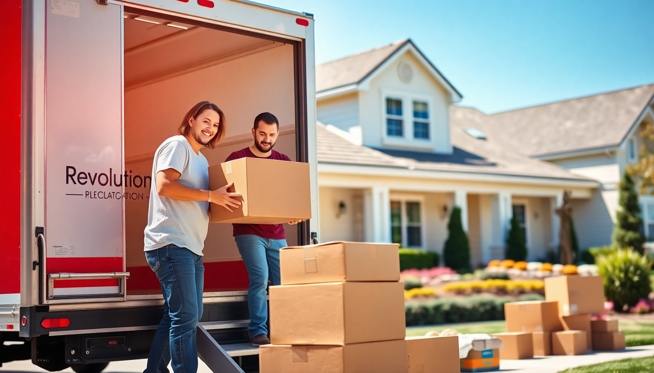 Revolution Relocation team efficiently moving boxes in a bright, organized setting.