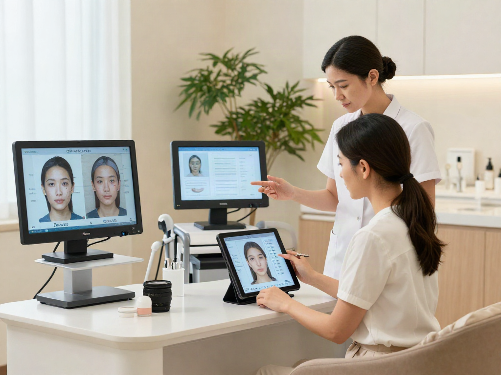 ClinicEvo vs QOVES facial analysis consultation scene with woman reviewing personalized insights.