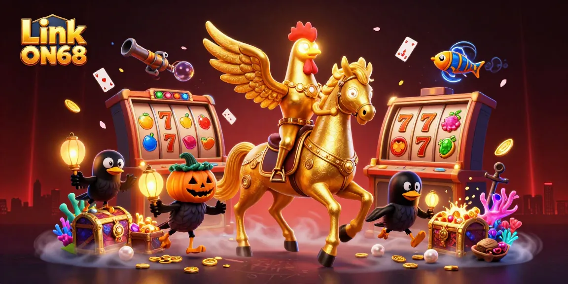 Engage in thrilling gaming with Link ON68 in a vibrant casino scene featuring golden rooster characters.