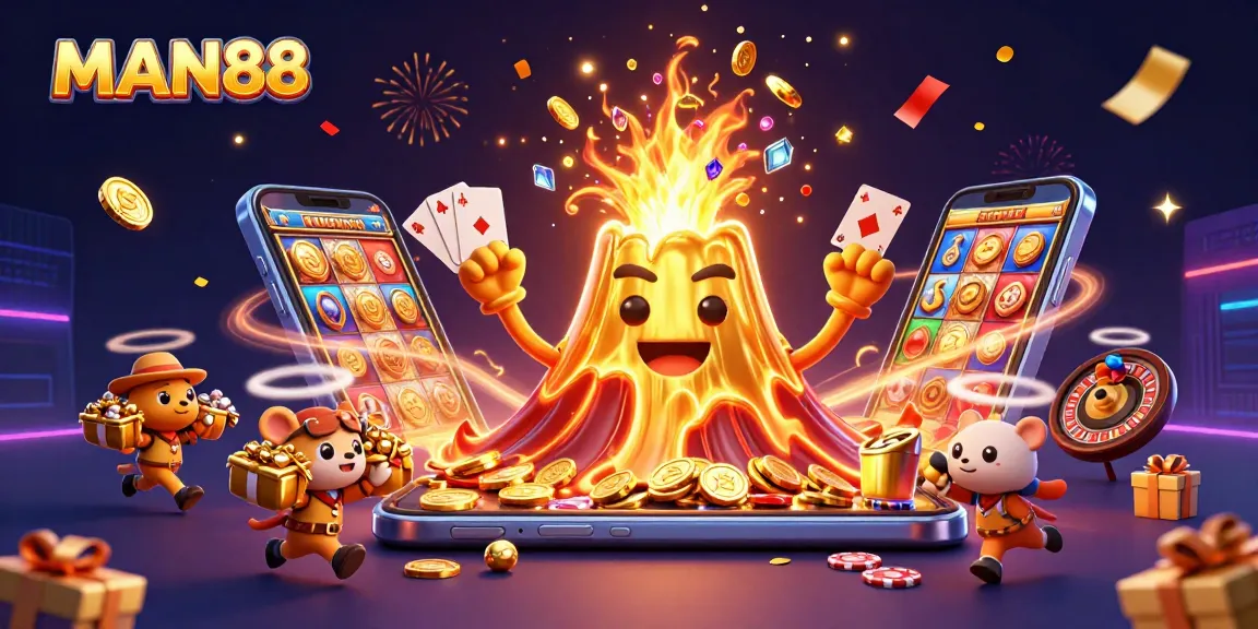 Experience the thrill at MAN88 with a vibrant 3D illustration showcasing excitement and casino treasures.