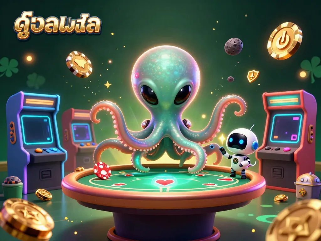 Engage in ดูบอลสด with an alien octopus at a holographic poker table in a vibrant gambling scene