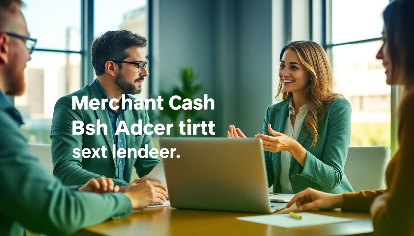Businesswoman presenting merchant cash advance direct lenders solutions to clients in a modern office.