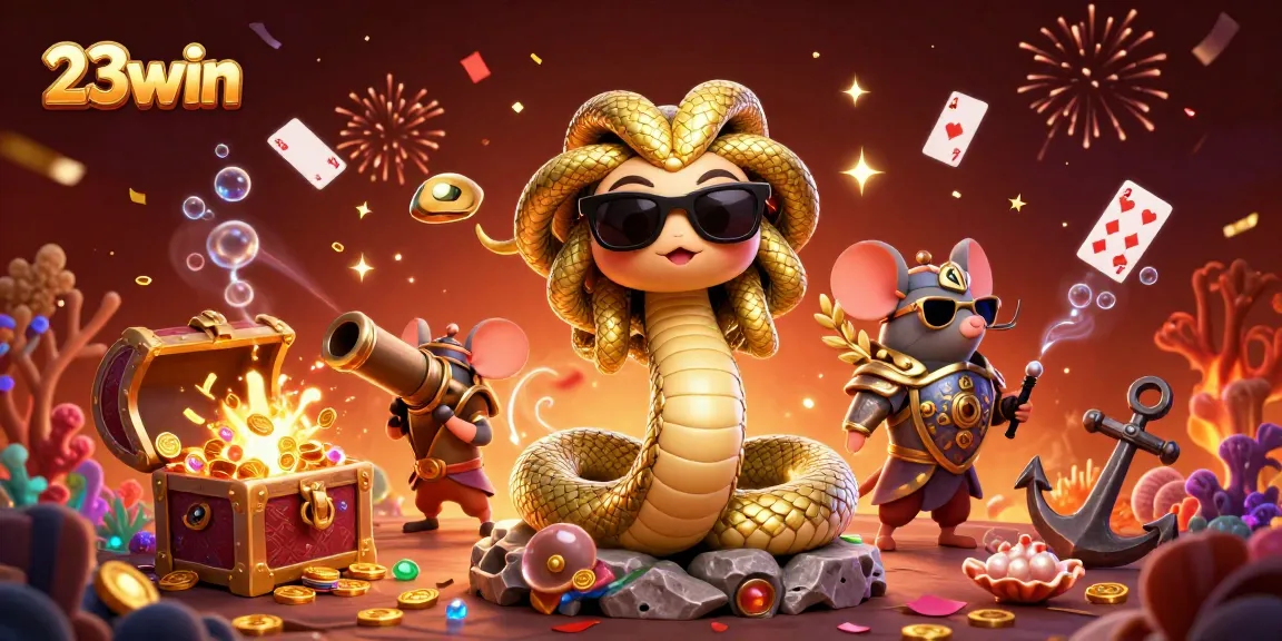Experience the thrill of 23win with Medusa and a warrior mouse amid casino treasures and festive confetti.