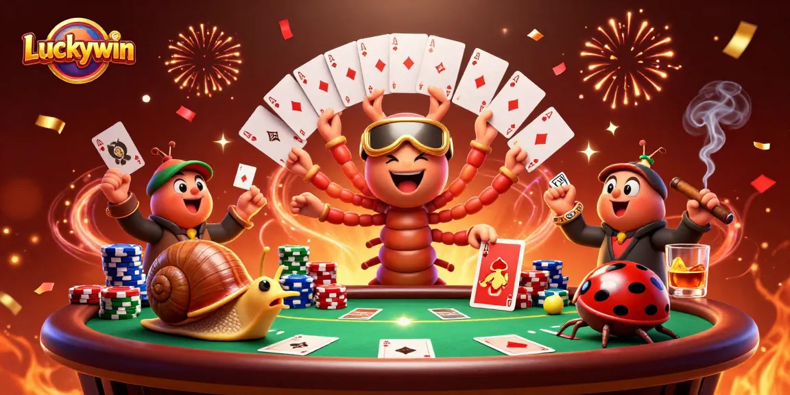 Experience thrilling poker action with Luckywin's cartoon dealer amidst vibrant casino elements.