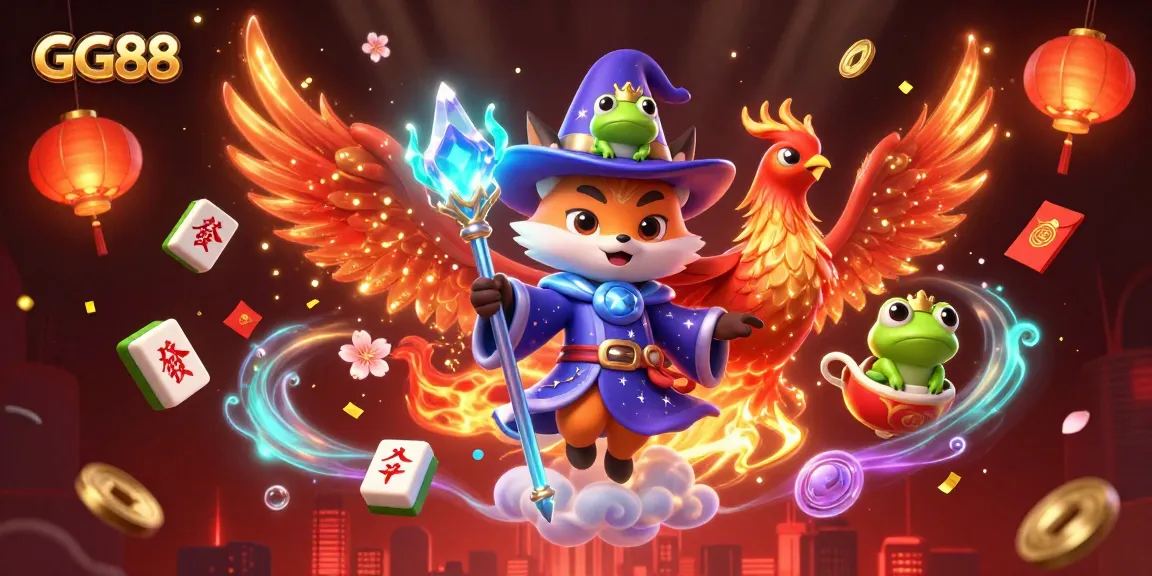 Experience thrilling gaming with GG88, featuring a mystical fox wizard and phoenix in a vibrant casino scene.