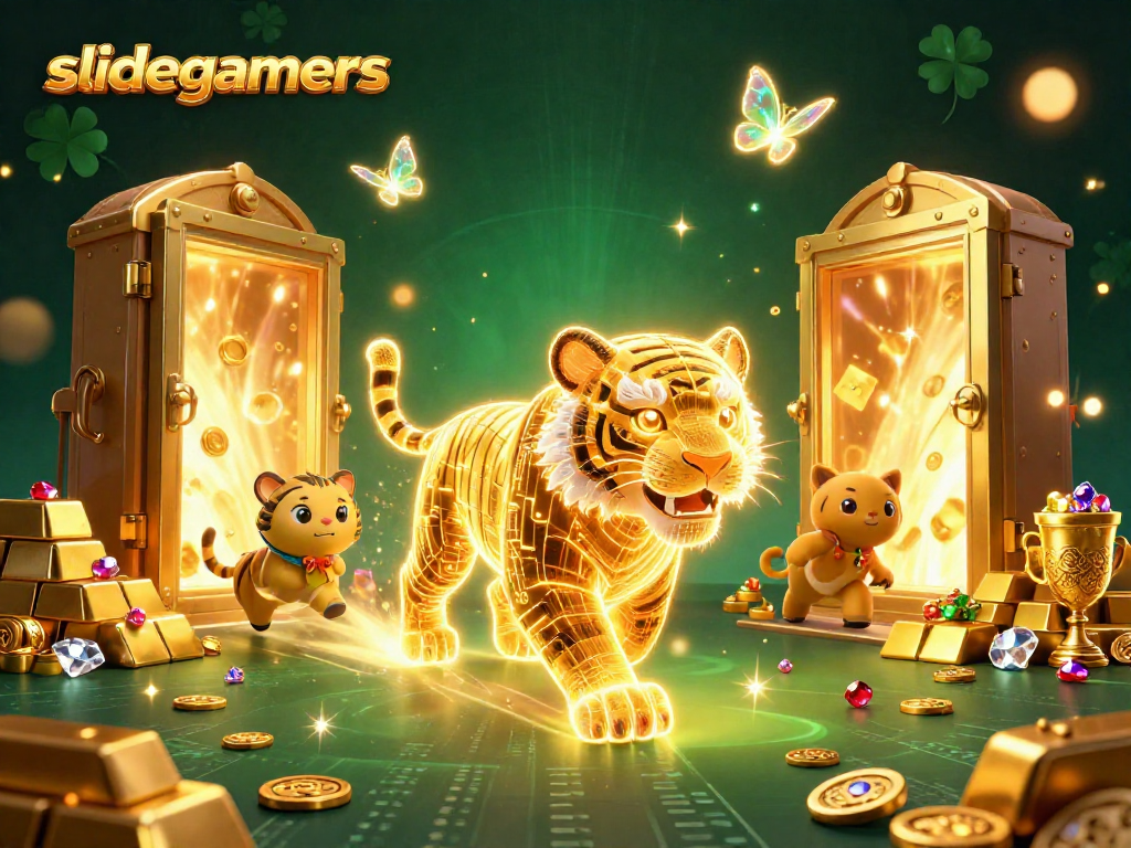 Experience the thrill of slidegamers with an energetic digital casino scene featuring a vibrant golden tiger.