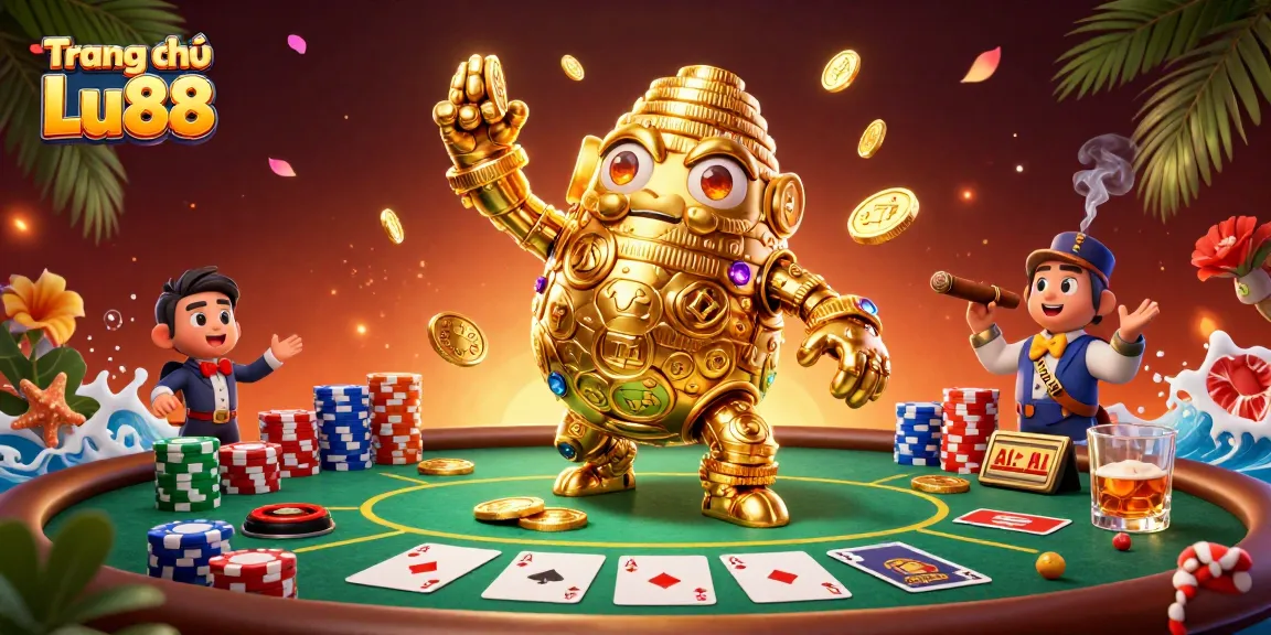 Engage with Trang chủ Lu88 casino excitement featuring a golden golem and poker elements.