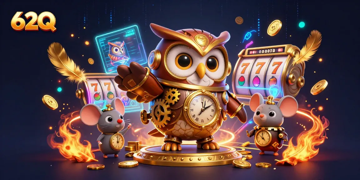 Apostando no 62Q com uma coruja e um rato no cassino, repleto de voltas de slots e moedas.