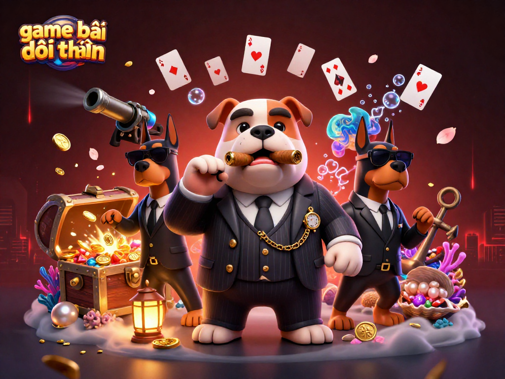 Engage with the thrilling game bài đổi thưởng in this action-packed 3D illustration featuring a mafia boss bulldog.