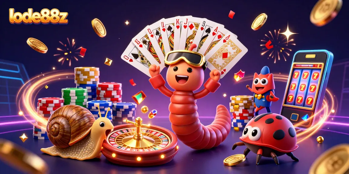 Engage with lode88z's vibrant casino scene featuring a whimsical millipede dealer and exciting game elements.