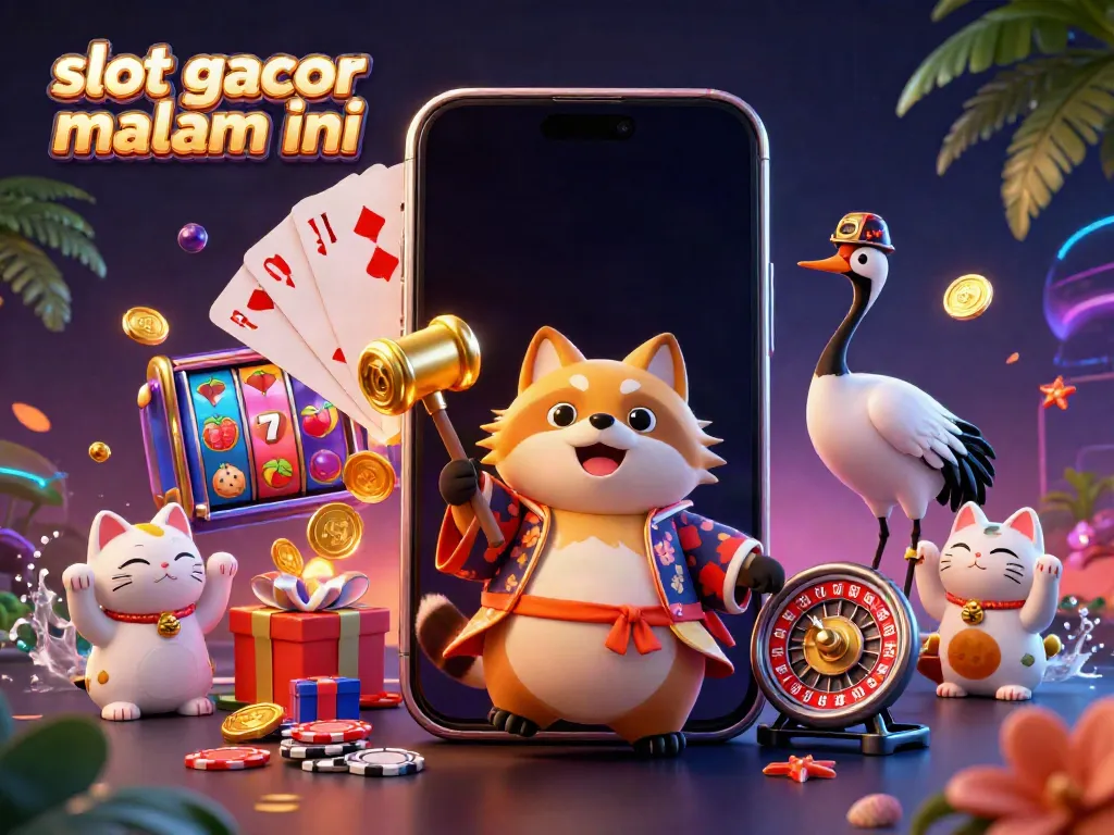 Permainan slot gacor malam ini dengan karakter ceria, kucing keberuntungan, dan elemen kasino menarik.