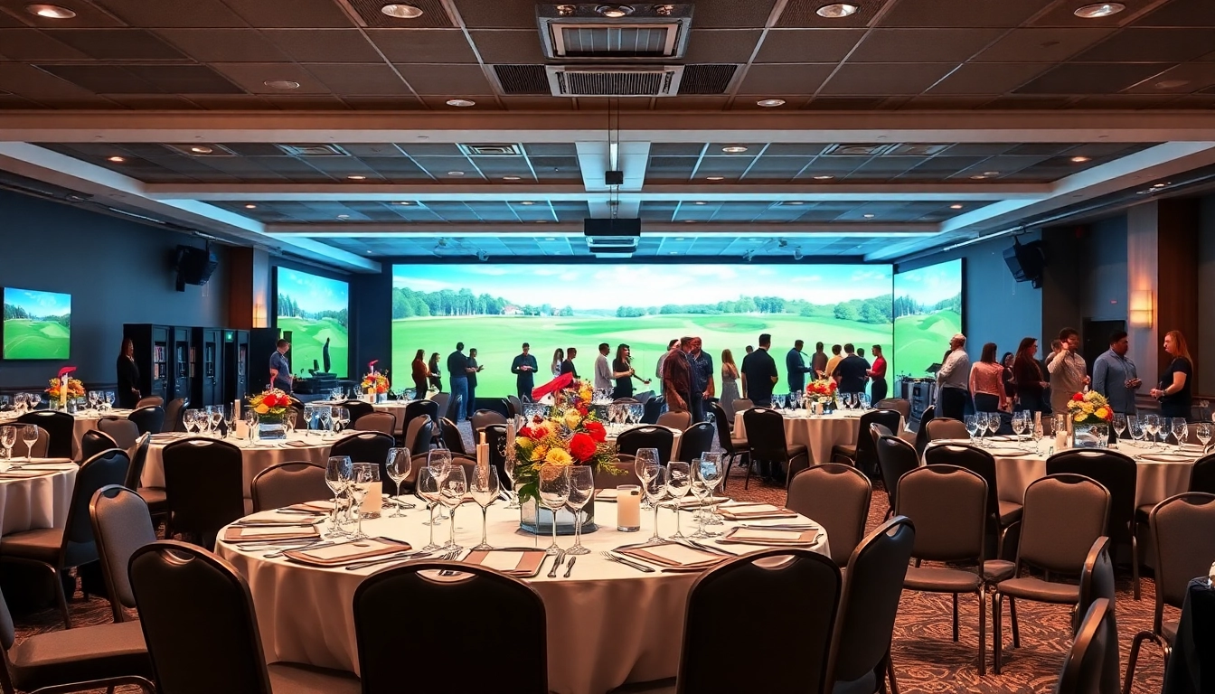 Hosting Events in a vibrant indoor golf setting with elegant decor and engaging guests.