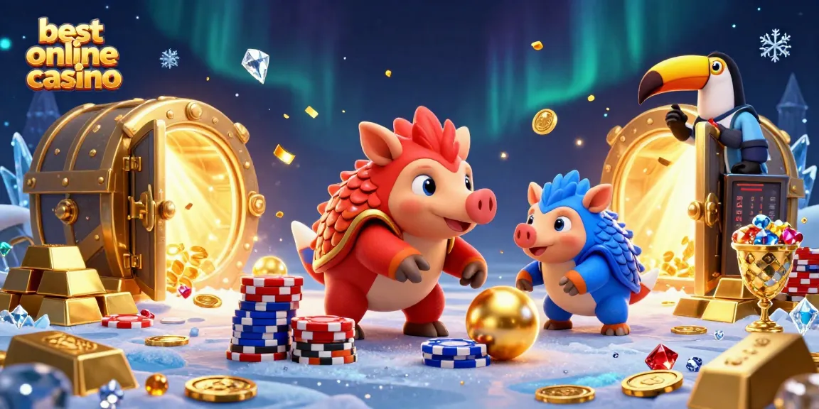 Compete at the best online casino with a vibrant scene featuring rival pangolins bowling through poker chips and dazzling gold elements.