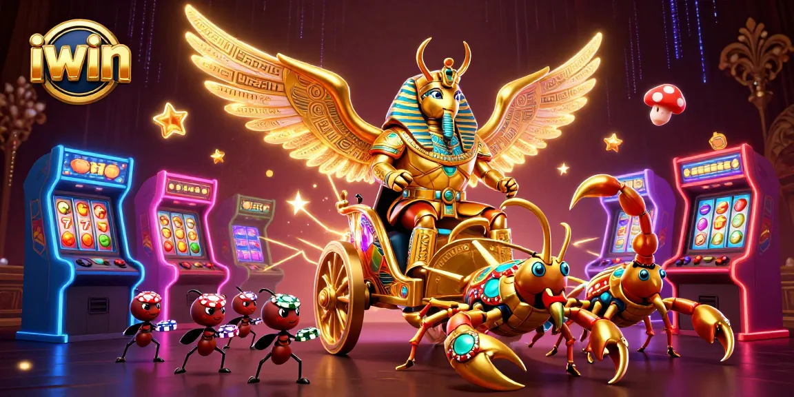 iwin players enjoy vibrant gaming scenes with a colossal scarab, slots, and poker chips.