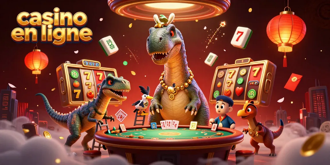 Illustration dynamique d'un brontosaure dans un casino en ligne, distribuant des cartes à un raptor.