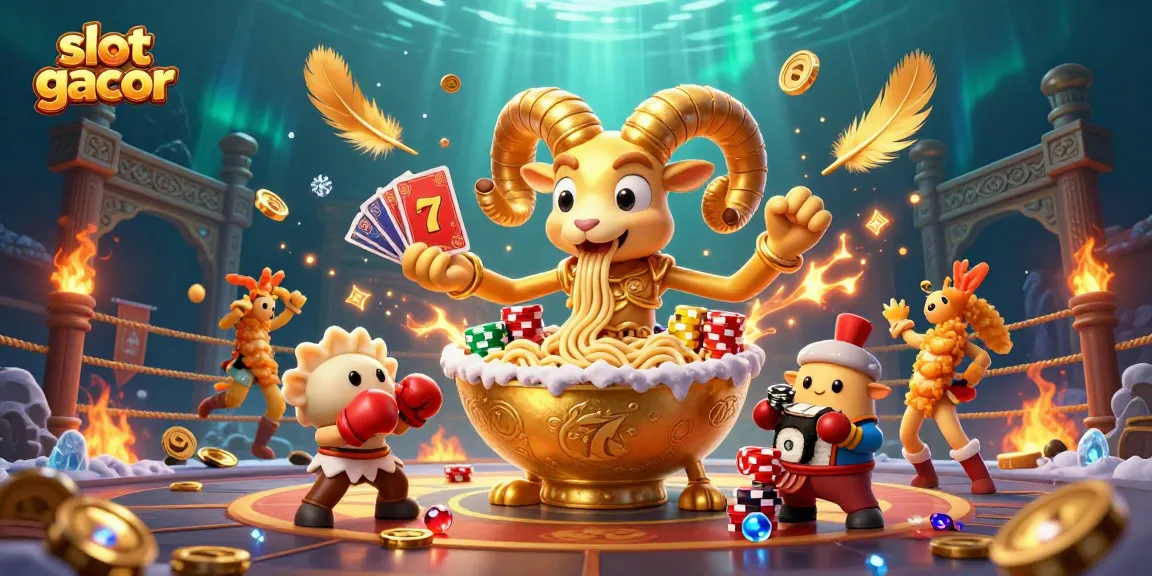 Engage with slot gacor as a golden ramen bowl deals cards amid dynamic casino elements, emphasizing excitement.