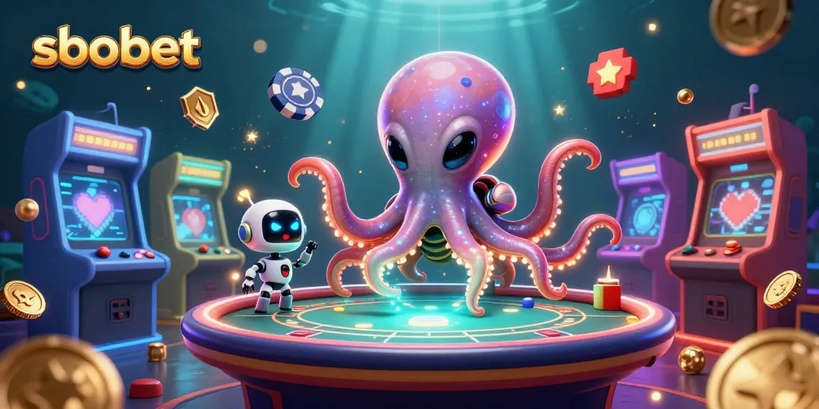 SBOBET offers thrilling betting opportunities at a floating holographic poker table surrounded by vibrant game elements.