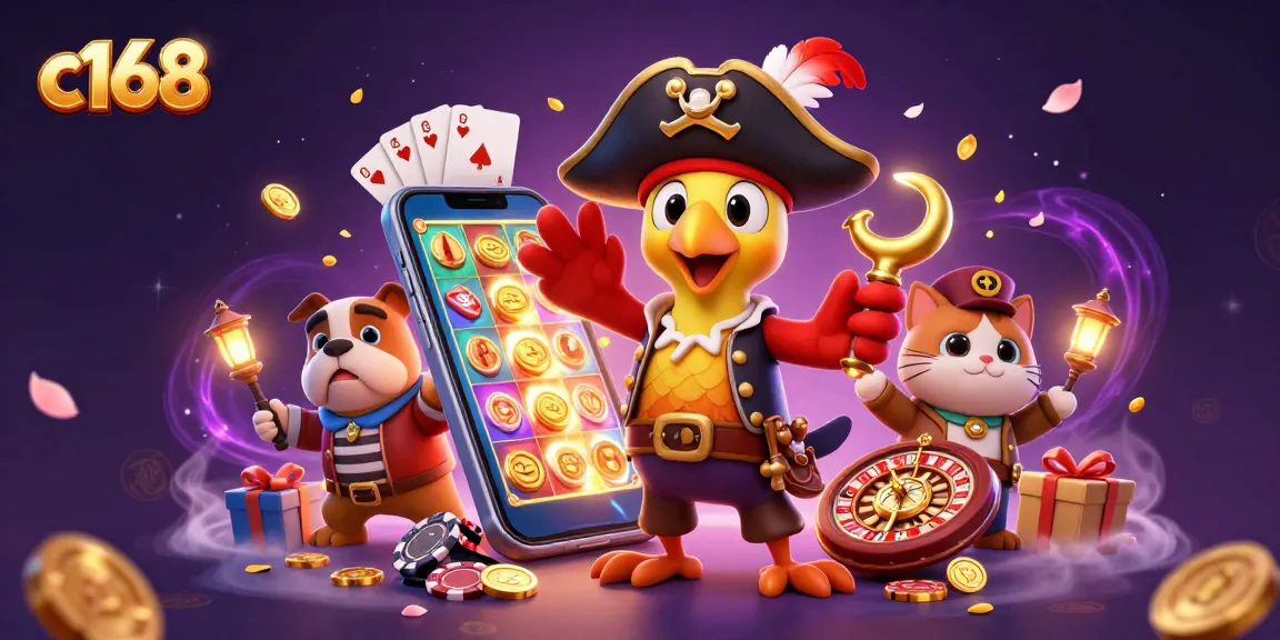 Win big with c168's immersive online casino scene featuring colorful slot games and engaging characters.