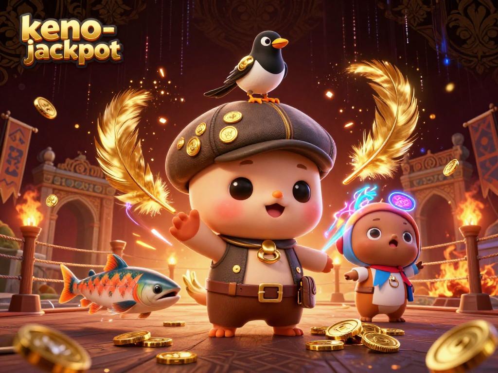 Engage in thrilling keno-jackpot excitement with characters and golden elements in vibrant 3D artwork.