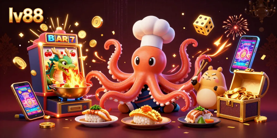 Experience big wins at lv88 with vibrant slot machines, golden dishes, and dynamic gaming characters.