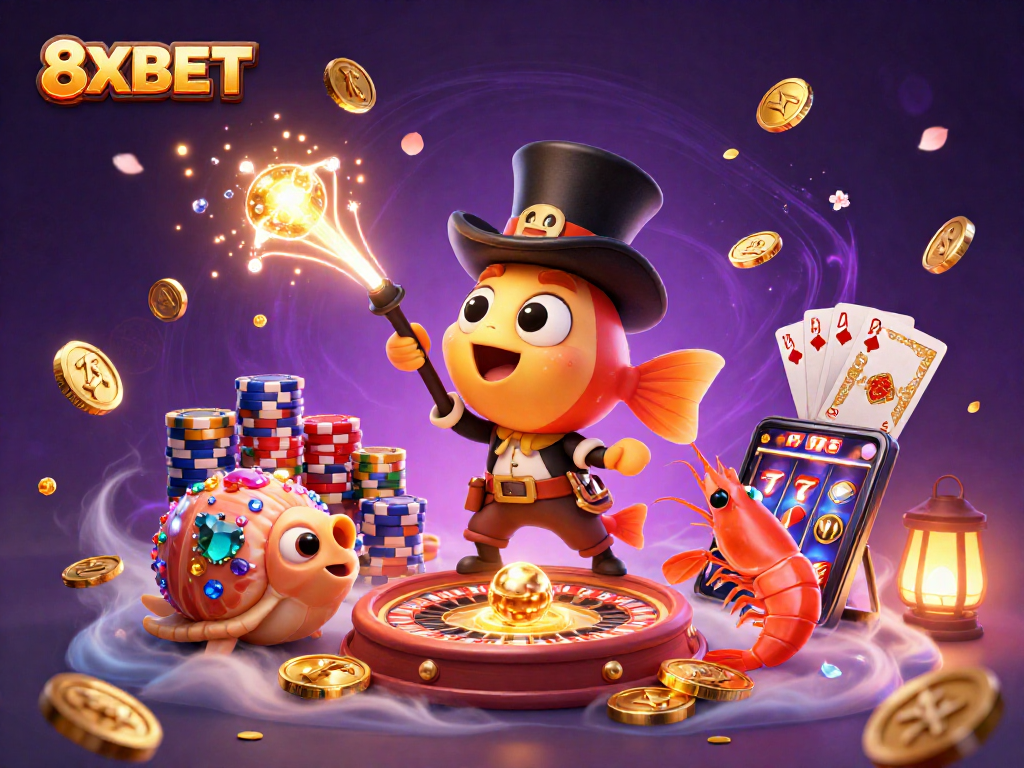 Experience the thrilling excitement of 8XBET with dynamic characters and vibrant casino game elements.