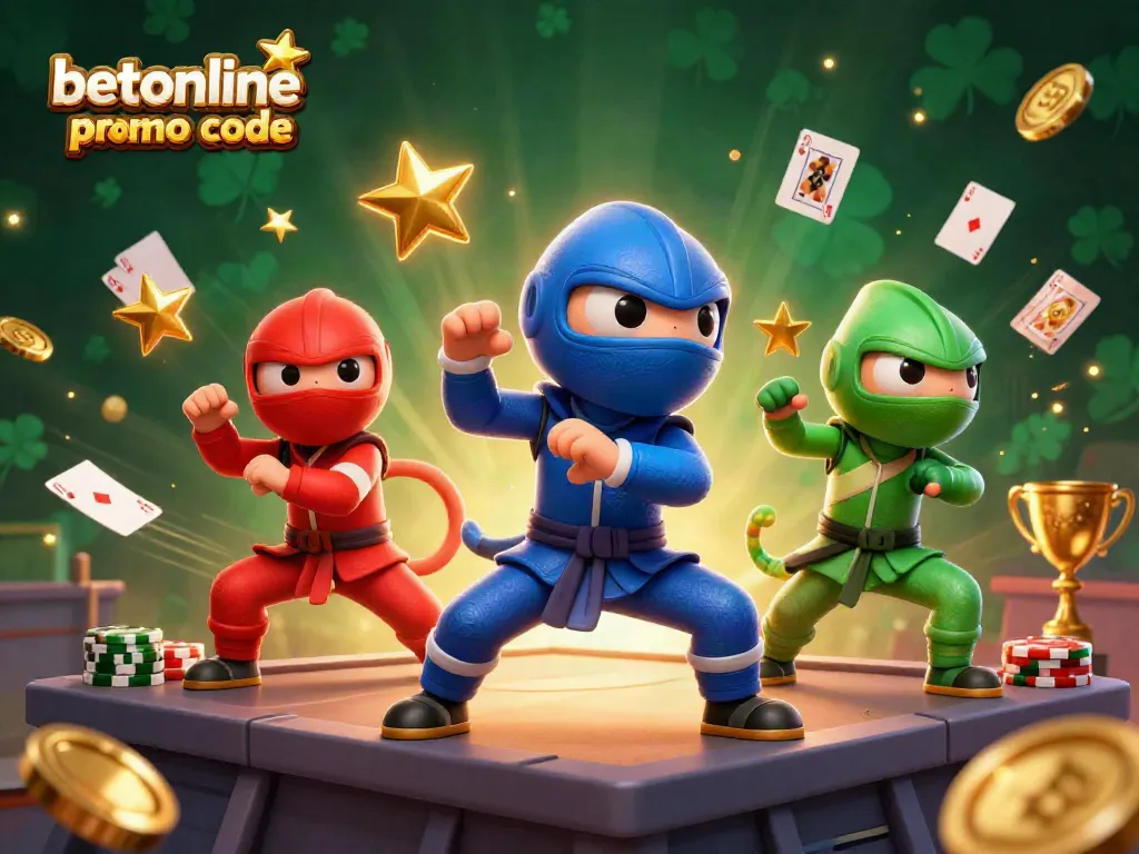 Engage with the betonline poker promo code in an energetic scene featuring a chameleon ninja team amidst dynamic poker elements.