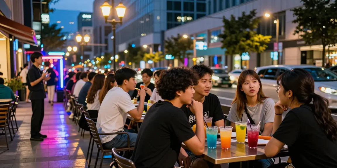 An energetic urban nightlife scene depicting the ambiance of an 오피사이트 with young adults enjoying drinks and conversations under vibrant neon lights.
