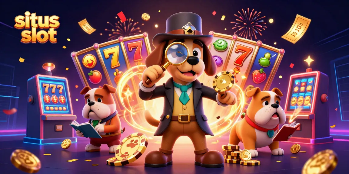 Win big with situs slot as a detective examines poker chips amidst vibrant casino elements.